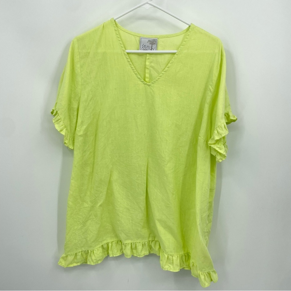 LA Fixsun Linen V-Neck‎ Top Ruffle sleeve hem Sz M